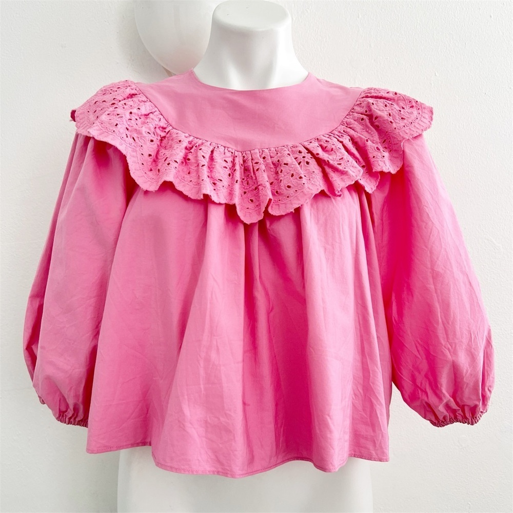 ZARA Eyelet Frilled Poplin Blouse Top Pink XSMALL Balloon Sleeve Women’s NEW - Picture 2 of 16